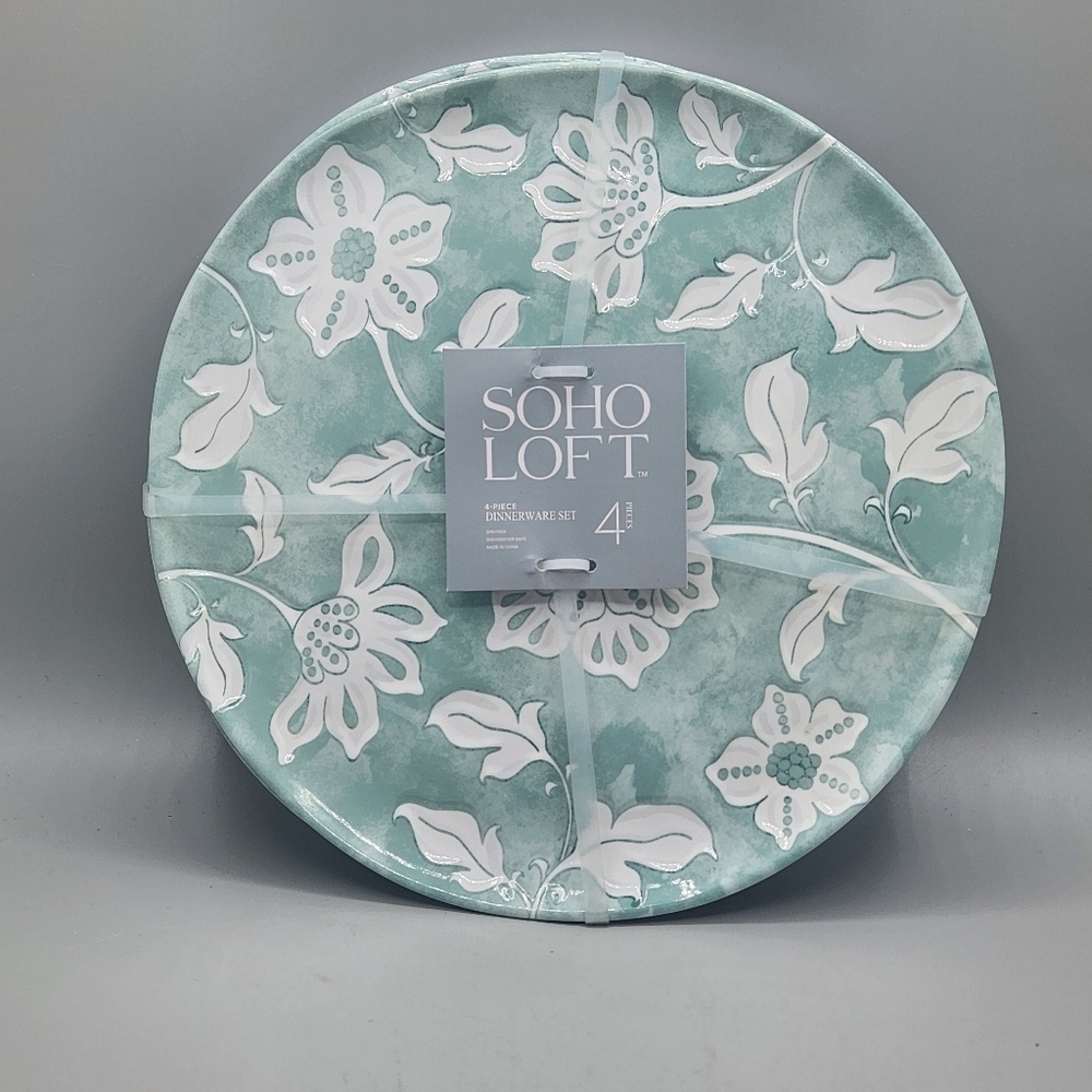 NWT Set of 4 Soho Loft Sage Green Floral Melamine Salad Plates 9 Inch Textured